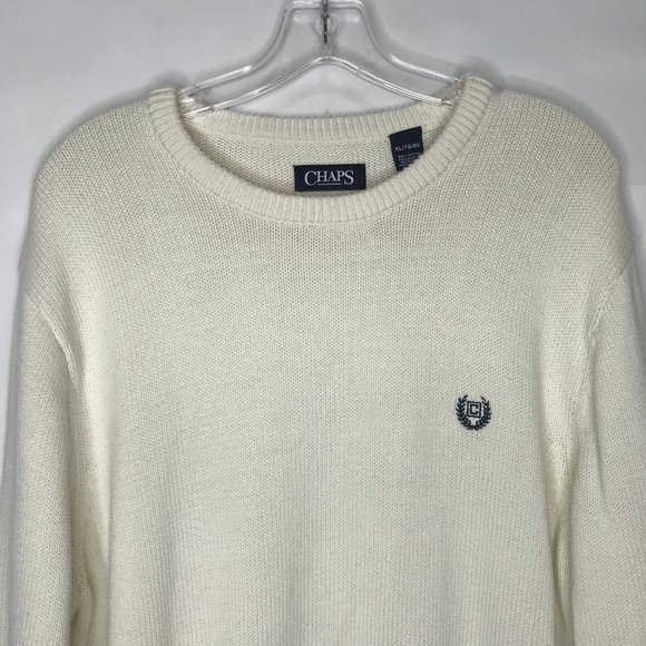 Chaps Men’s Sweater sz XL 100% Cotton Knit Cream Color Crest Classic Pull Over - Picture 2 of 7